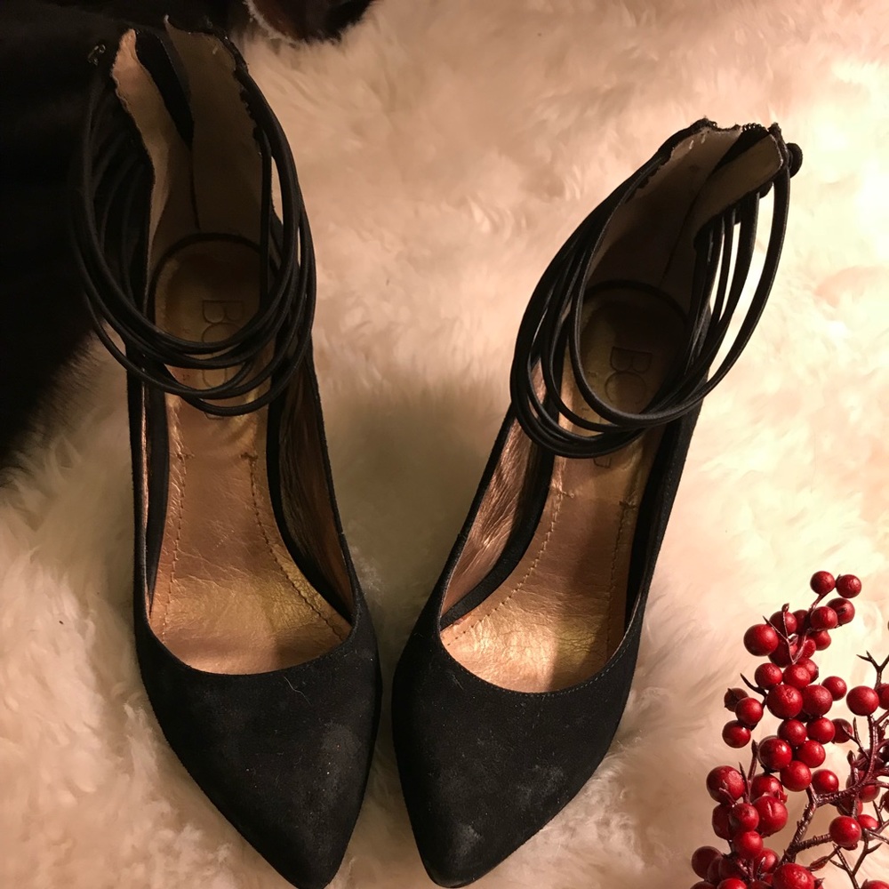 BCBG Paris black suede strappy heels